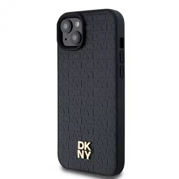 DKNY DKHMP15SPSHRPSK Dėklas iPhone 15/14/13 6,1 colio juodas su odos raštu ir metaliniu logotipu, MagSafe