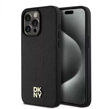 DKNY DKHMP15XPSHRPSK Kietas Dėklas iPhone 15 Pro Max 6,7 inch Juoda Oda Monogramos Raštas Metalinis Logotipas MagSafe