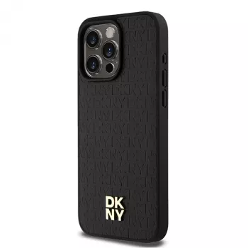 DKNY DKHMP15XPSHRPSK Kietas Dėklas iPhone 15 Pro Max 6,7 inch Juoda Oda Monogramos Raštas Metalinis Logotipas MagSafe