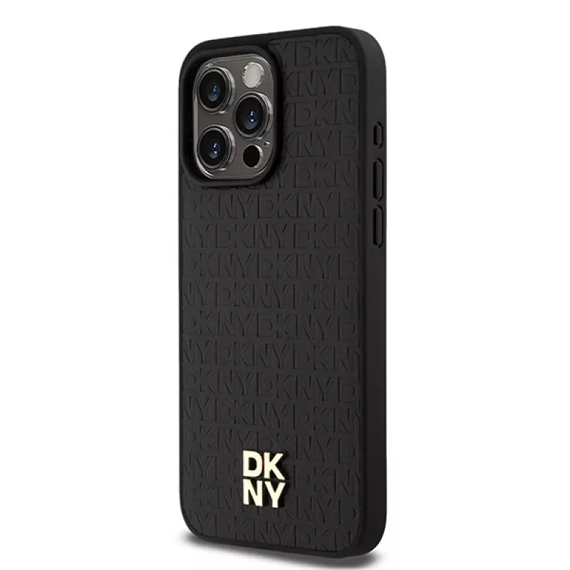 DKNY DKHMP15XPSHRPSK Kietas Dėklas iPhone 15 Pro Max 6,7 inch Juoda Oda Monogramos Raštas Metalinis Logotipas MagSafe