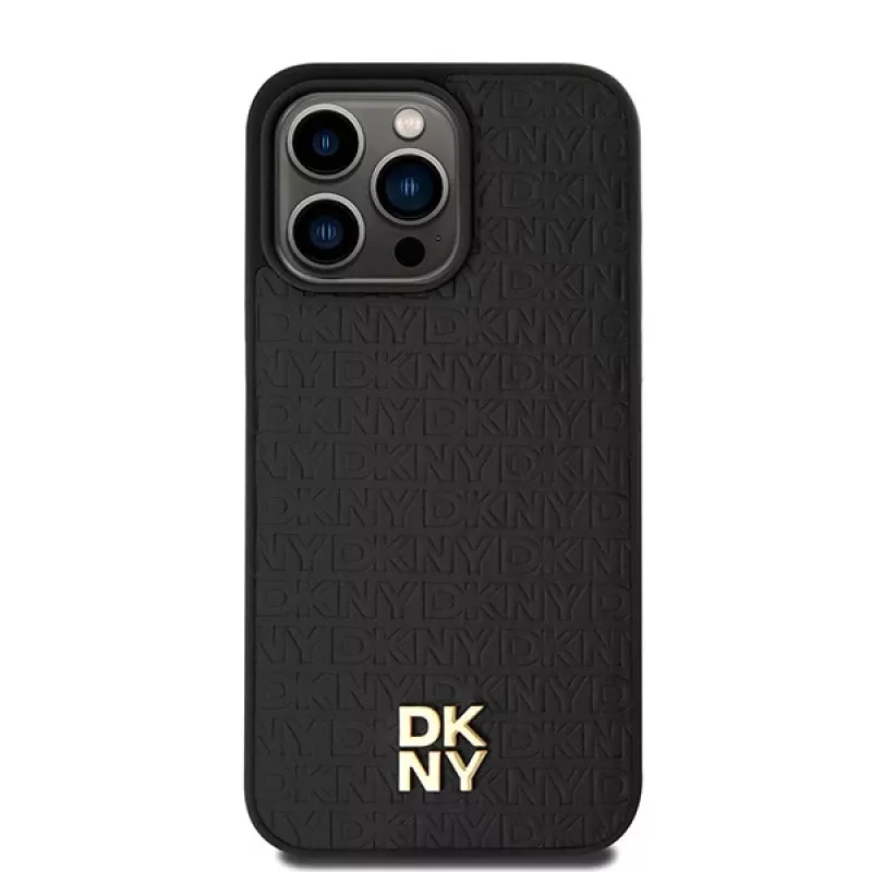 DKNY DKHMP15XPSHRPSK Kietas Dėklas iPhone 15 Pro Max 6,7 inch Juoda Oda Monogramos Raštas Metalinis Logotipas MagSafe
