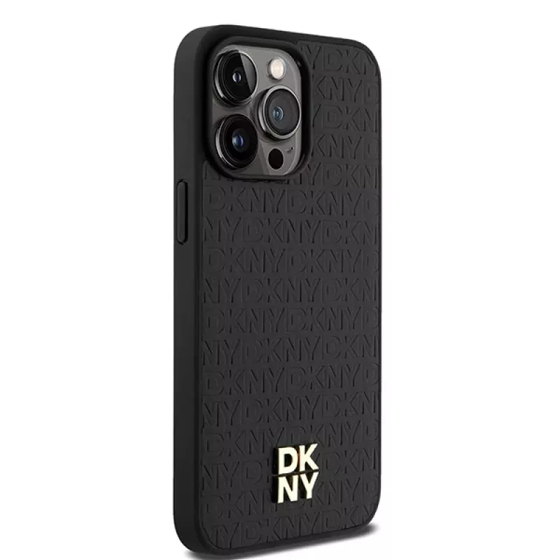 DKNY DKHMP15XPSHRPSK Kietas Dėklas iPhone 15 Pro Max 6,7 inch Juoda Oda Monogramos Raštas Metalinis Logotipas MagSafe