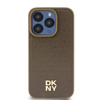 DKNY DKHMP14SPSHRPSW kietas dėklas, skirtas iPhone 14/15/13, rudos odos raštas su metaliniu logotipu, MagSafe