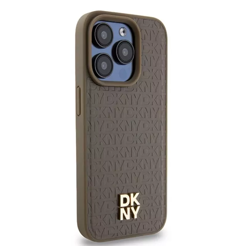 DKNY DKHMP14LPSHRPSW Kietas dėklas, skirtas Apple iPhone 14 Pro 6,1 inch rudos odos raštu su metaliniu logotipu ir MagSafe