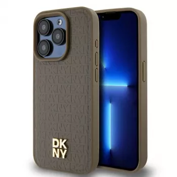 DKNY DKHMP15XPSHRPSW Kietas Dėklas, Skirtas Apple iPhone 15 Pro Max 6,7 inch Rudas Odinis Raštas su Metaliniu Logotipu, MagSafe