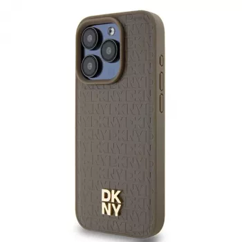 DKNY DKHMP15XPSHRPSW Kietas Dėklas, Skirtas Apple iPhone 15 Pro Max 6,7 inch Rudas Odinis Raštas su Metaliniu Logotipu, MagSafe