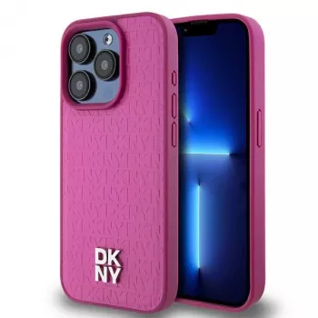DKNY DKHMP15LPSHRPSP iPhone 15 Pro 6,1 inch Pink Leather Hard Case with Monogram Pattern and Metal Logo, MagSafe Compatible