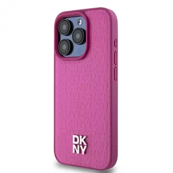 DKNY DKHMP15LPSHRPSP iPhone 15 Pro 6,1 inch Pink Leather Hard Case with Monogram Pattern and Metal Logo, MagSafe Compatible