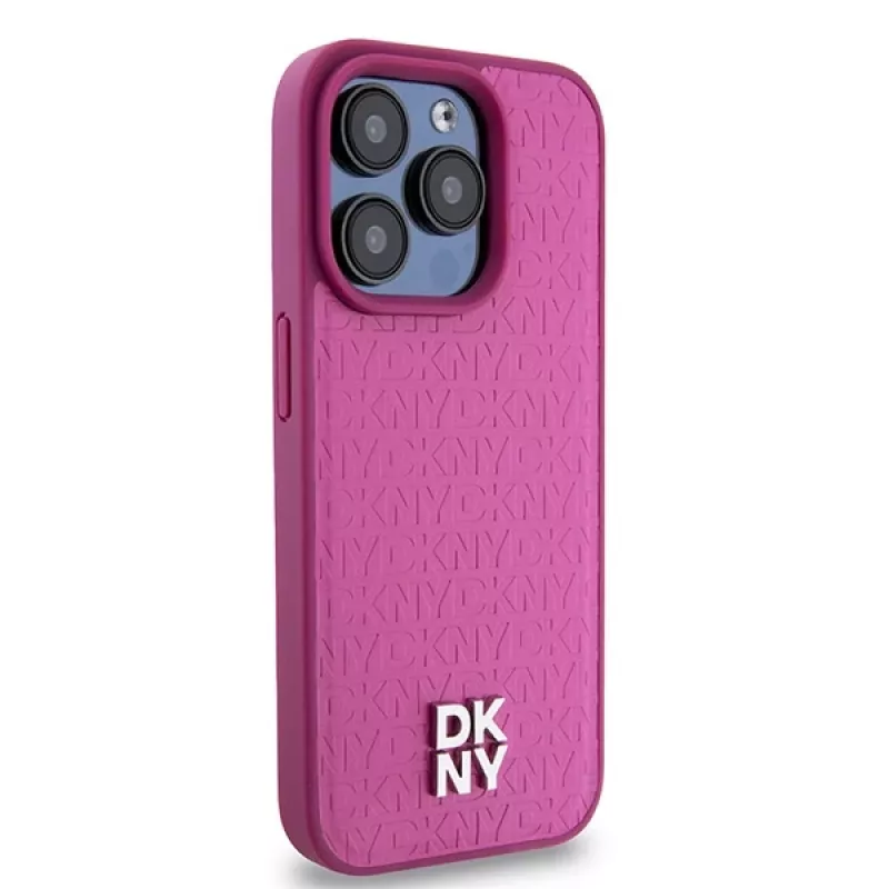 DKNY DKHMP15LPSHRPSP iPhone 15 Pro 6,1 inch Pink Leather Hard Case with Monogram Pattern and Metal Logo, MagSafe Compatible