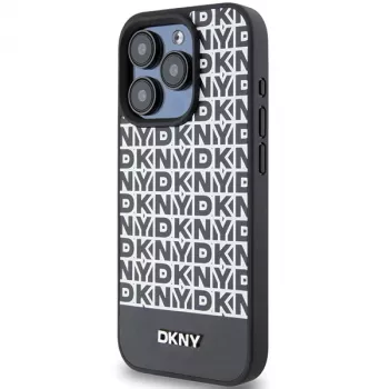 DKNY DKHMP15LPSOSPK Kietas Dėklas Apple iPhone 15 Pro 6,1 inch Odinis Raštuotas Metalinis Logotipas MagSafe Juodas