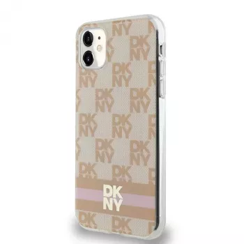 DKNY DKHMN61HCPTSP Kietas Dėklas, Skirtas iPhone 11 / XR 6,1 inch Rožinis Šachmatų Raštas ir Dryžiai, MagSafe
