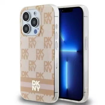 DKNY DKHMP13LHCPTSP Kietas Dėklas, Tinka Apple iPhone 13 Pro / 13, Rožinis Šaškių Raštas ir Dryžiai, MagSafe