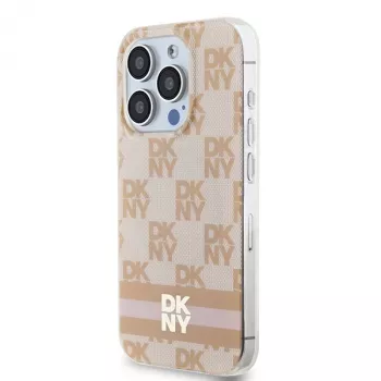 DKNY DKHMP13LHCPTSP Kietas Dėklas, Tinka Apple iPhone 13 Pro / 13, Rožinis Šaškių Raštas ir Dryžiai, MagSafe