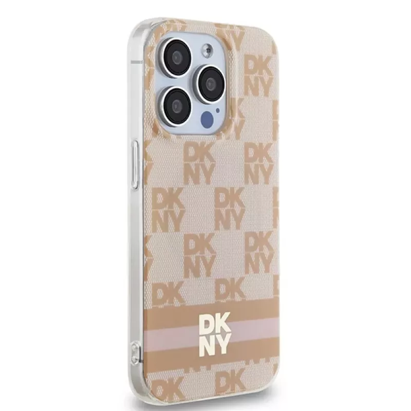 DKNY DKHMP15LHCPTSP Dėklas iPhone 15 Pro 6,1 inch Rožinis Šachmatų Monochrominis Raštas ir Dryžiai MagSafe