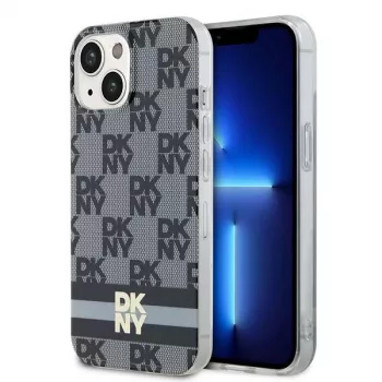 DKNY DKHMP14SHCPTSK Kietasis dėklas, skirtas iPhone 14/15, languotas monochrominis raštas ir spausdintos juostelės, juodas, MagSafe
