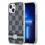 DKNY DKHMP14SHCPTSK Kietasis dėklas, skirtas iPhone 14/15, languotas monochrominis raštas ir spausdintos juostelės, juodas, MagSafe