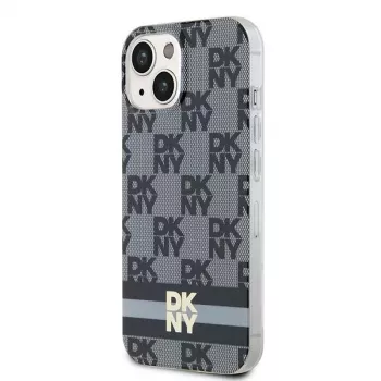 DKNY DKHMP14SHCPTSK Kietasis dėklas, skirtas iPhone 14/15, languotas monochrominis raštas ir spausdintos juostelės, juodas, MagSafe