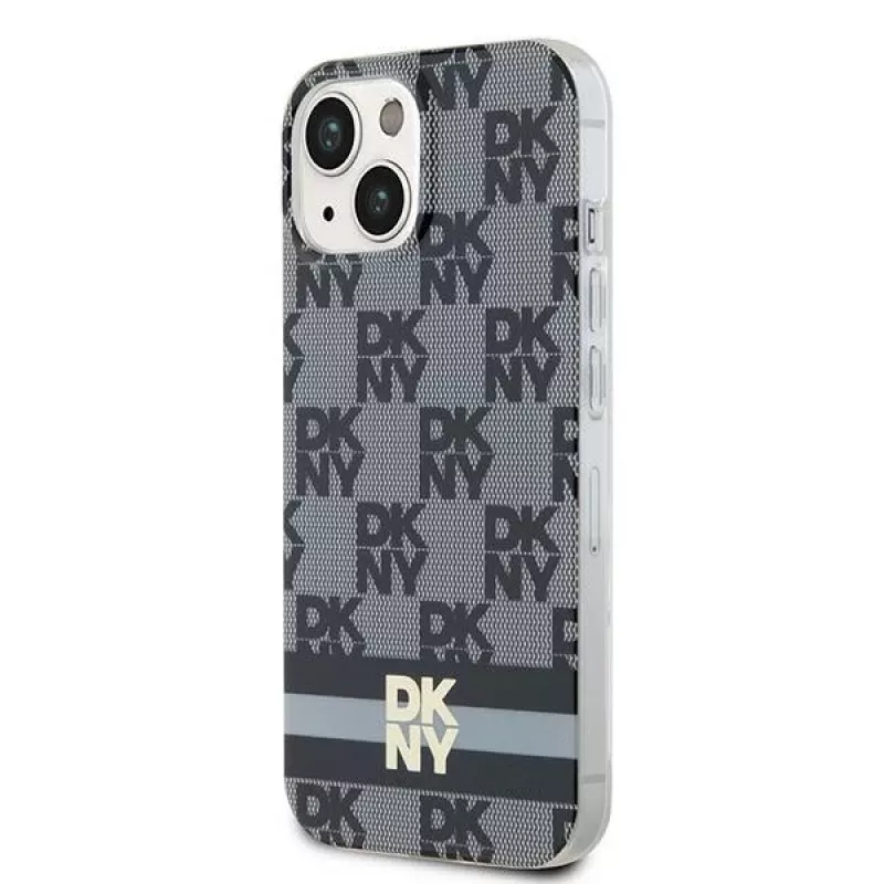 DKNY DKHMP14SHCPTSK Kietasis dėklas, skirtas iPhone 14/15, languotas monochrominis raštas ir spausdintos juostelės, juodas, MagSafe