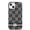 DKNY DKHMP14SHCPTSK Kietasis dėklas, skirtas iPhone 14/15, languotas monochrominis raštas ir spausdintos juostelės, juodas, MagSafe