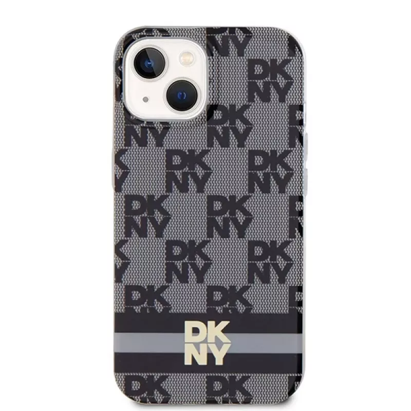 DKNY DKHMP14SHCPTSK Kietasis dėklas, skirtas iPhone 14/15, languotas monochrominis raštas ir spausdintos juostelės, juodas, MagSafe