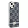 DKNY DKHMP14SHCPTSK Kietasis dėklas, skirtas iPhone 14/15, languotas monochrominis raštas ir spausdintos juostelės, juodas, MagSafe