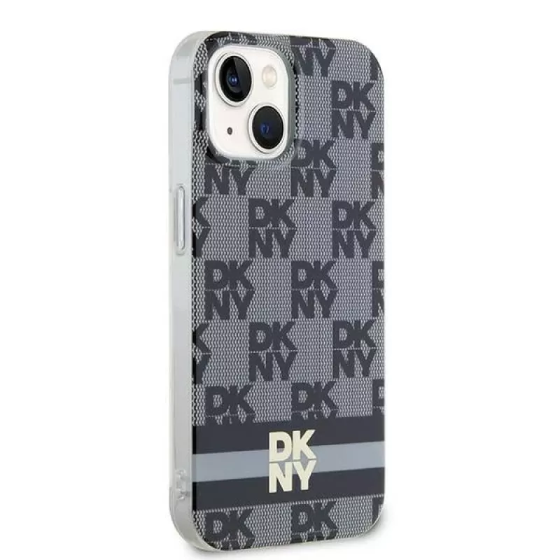 DKNY DKHMP14SHCPTSK Kietasis dėklas, skirtas iPhone 14/15, languotas monochrominis raštas ir spausdintos juostelės, juodas, MagSafe