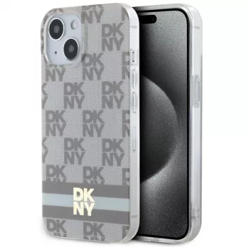 DKNY DKHMP14SHCPTSE Kietas Dėklas, Skirtas iPhone 14/15/13 6,1 inch Smėlio Spalvos Šachmatų Raštu & Spausdintomis Juostelėmis, MagSafe