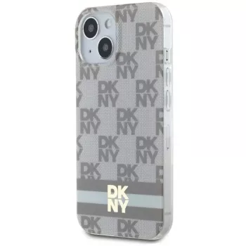 DKNY DKHMP14SHCPTSE Kietas Dėklas, Skirtas iPhone 14/15/13 6,1 inch Smėlio Spalvos Šachmatų Raštu & Spausdintomis Juostelėmis, MagSafe