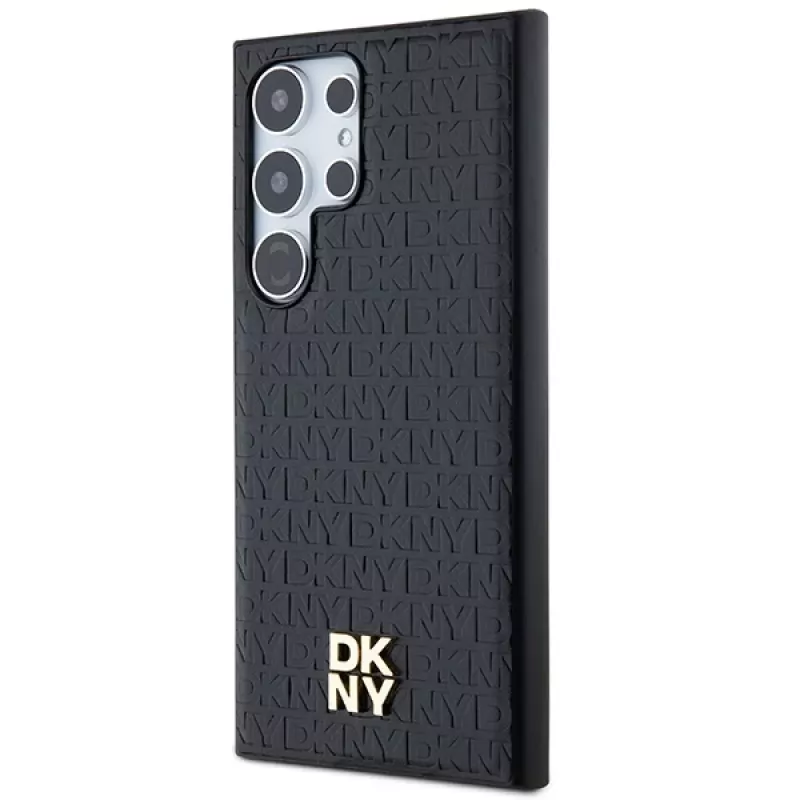 DKNY DKHMS24LPSHRPSK Kietasis dėklas Samsung Galaxy S24 Ultra, juodos odos raštas su metaliniu logotipu, suderinamas su MagSafe