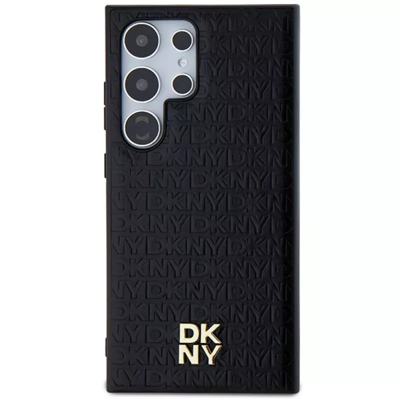 DKNY DKHMS24LPSHRPSK Kietasis dėklas Samsung Galaxy S24 Ultra, juodos odos raštas su metaliniu logotipu, suderinamas su MagSafe