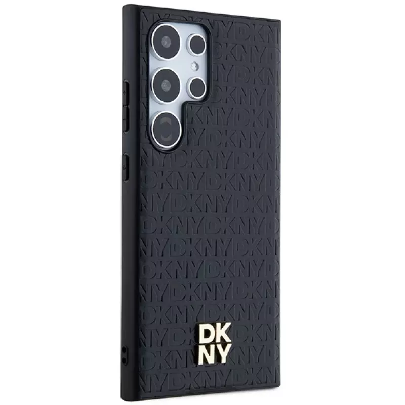 DKNY DKHMS24LPSHRPSK Kietasis dėklas Samsung Galaxy S24 Ultra, juodos odos raštas su metaliniu logotipu, suderinamas su MagSafe