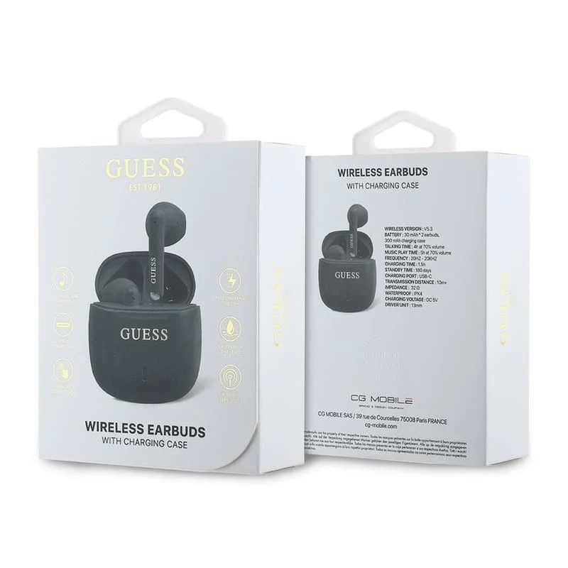 „Guess“ GUTWSJ14ESGKTWS belaidės ausinės True Wireless Bluetooth 5.3 su įkrovimo dėklu, juodos, klasikinis logotipo raštas