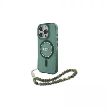 Guess IML Glitter su Perlų Dirželiu MagSafe Dėklas, skirtas iPhone 16 Pro Max (Žalias)