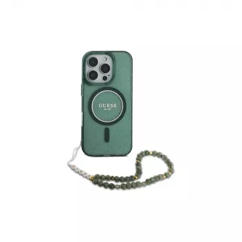 Guess IML Glitter su Perlų Dirželiu MagSafe Dėklas, skirtas iPhone 16 Pro Max (Žalias)