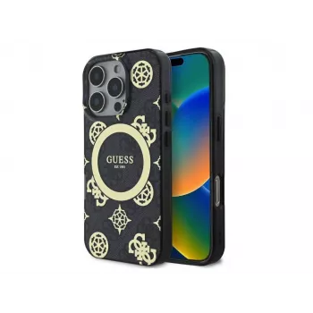 Guess GUHMP16LH4PYEEK Kietas dėklas, skirtas Apple iPhone 16 Pro 6,3 inch, juodas, Peony On 4G Background, IML, MagSafe