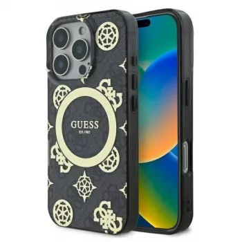 Guess GUHMP16XH4PYEEK Kietas dėklas, skirtas iPhone 16 Pro Max 6,9 inch, juodas, su bijūnų raštu 4G fone, MagSafe