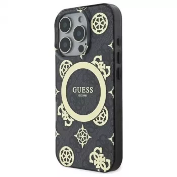 Guess GUHMP16XH4PYEEK Kietas dėklas, skirtas iPhone 16 Pro Max 6,9 inch, juodas, su bijūnų raštu 4G fone, MagSafe