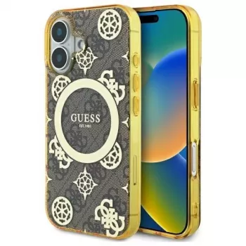 Guess GUHMP16SH4PYEEW Kietas Dėklas, Skirtas Apple iPhone 16 6,1 inch, Rudas Peony On 4G Background, MagSafe