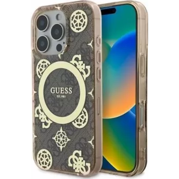 Guess GUHMP16XH4PYEEW iPhone 16 Pro Max 6,9 inch Hardcase IML Peony On 4G Background MagSafe Brown