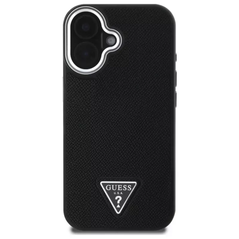 Guess Grained Triangle MagSafe Hard Case, skirta Apple iPhone 16 Plus - juoda