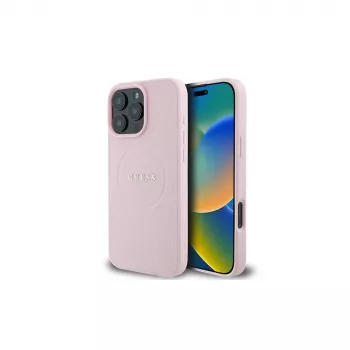 „Guess“ Grūdėtos odos dėklas su žiedu, skirtas „Apple iPhone 15 Pro Max“ 6,7 inch rožinis, su „MagSafe“