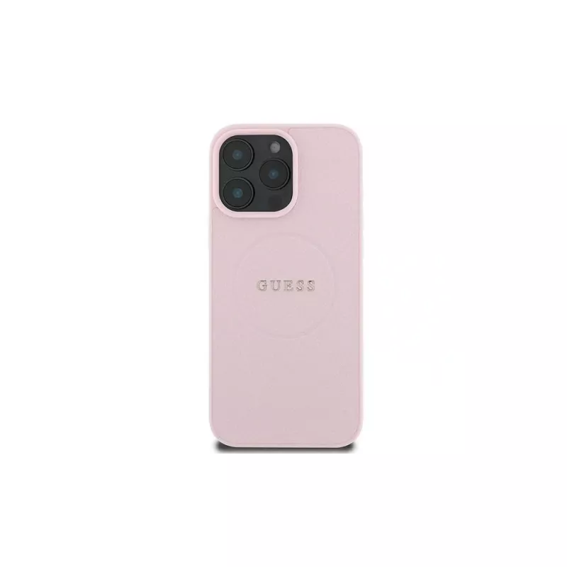 „Guess“ Grūdėtos odos dėklas su žiedu, skirtas „Apple iPhone 15 Pro Max“ 6,7 inch rožinis, su „MagSafe“