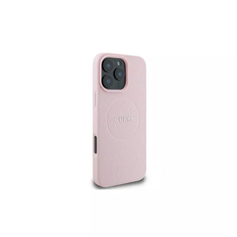 „Guess“ Grūdėtos odos dėklas su žiedu, skirtas „Apple iPhone 15 Pro Max“ 6,7 inch rožinis, su „MagSafe“