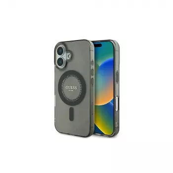 Guess IML Rhinestones MagSafe dėklas, skirtas iPhone 16 (juodas)