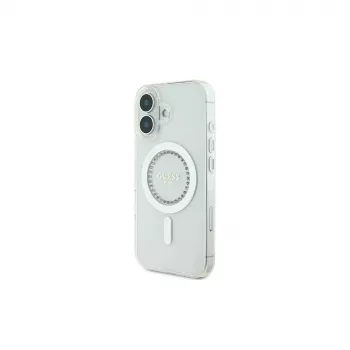 Guess GUHMP16SPFTDTEH Hardcase IML Rhinestones MagSafe, skirta Apple iPhone 16 6,1 inch balta
