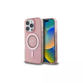 Guess GUHMP16LPFTDTEP Hardcase IML Rhinestones MagSafe, skirta iPhone 16 Pro 6.3, rožinė