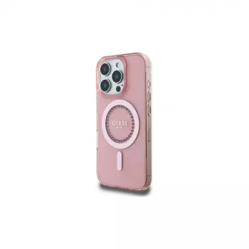 Guess GUHMP16LPFTDTEP Hardcase IML Rhinestones MagSafe, skirta iPhone 16 Pro 6.3, rožinė