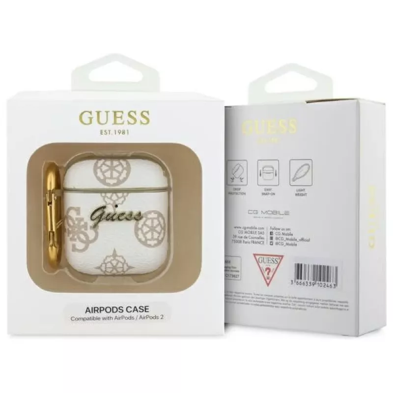 Guess GUA2PG4GPH AirPods 1/2 Dėklas Baltas 4G Kabliukas