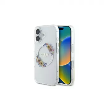 Guess GUHMP16MHFWFCT iPhone 16 Plus 6,7 inch Transparent Hardcase IML Flowers Wreath MagSafe
