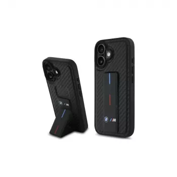 BMW BMHCP16SGSPCCK M Grip Stand Smooth and Carbon kietas dėklas iPhone 16 6.1 – juodas